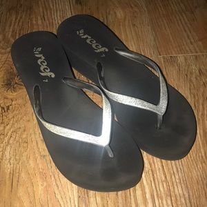 Black and silver wedge sandals